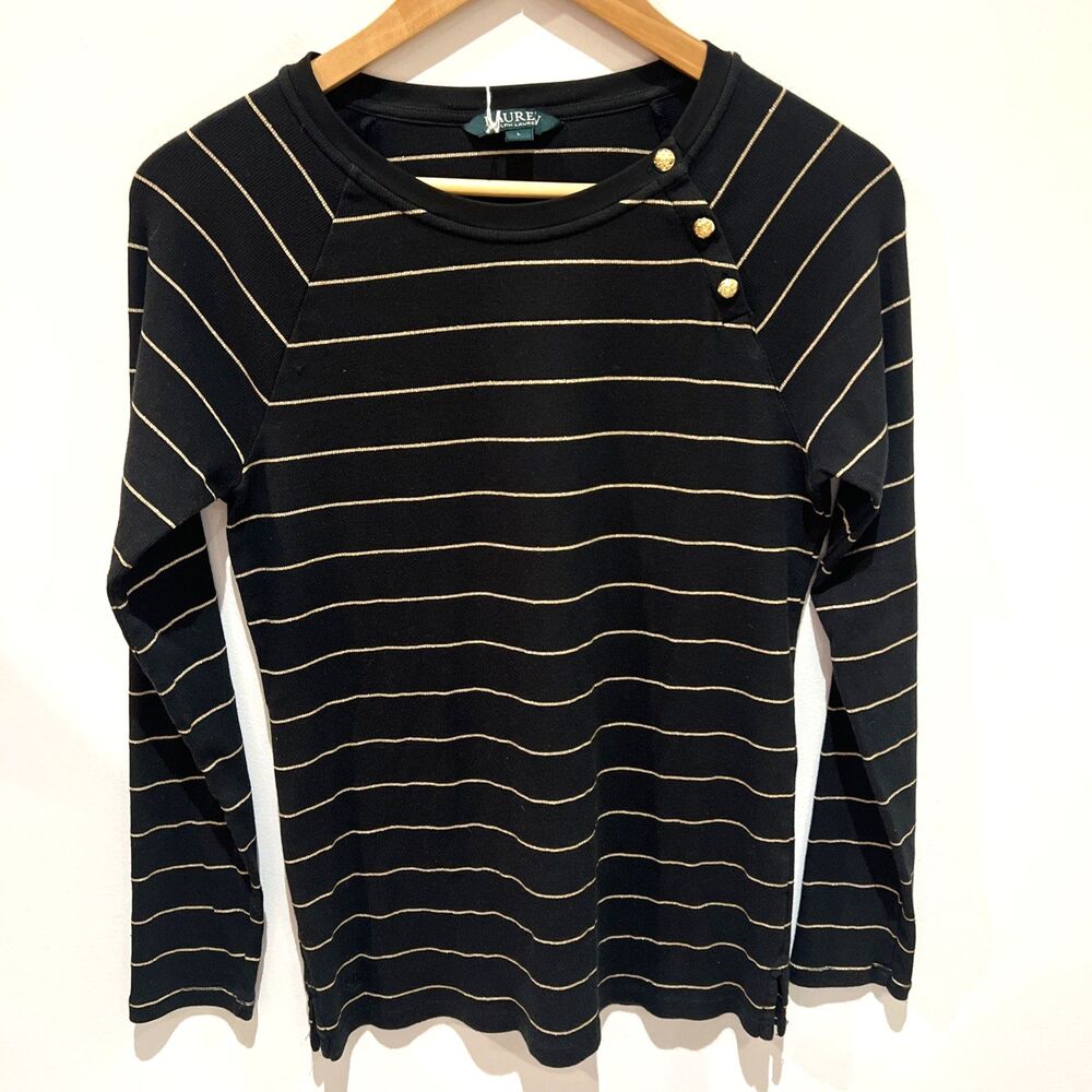 Lauren Ralph Lauren Long Sleeve Shirt Black Gold Sparkle Stripe Buttons Preppy L